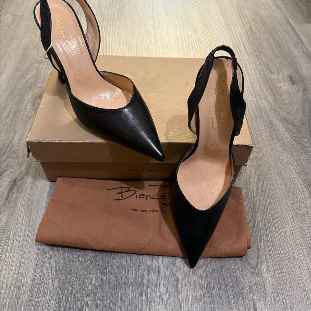 Black Leather Bianca Di Slingback High Heel Pumps Size 39 MADE IN ITALY BNIB - Picture 7 of 7